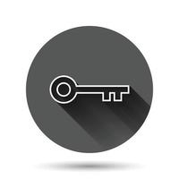 Key icon in flat style. Password vector illustration on black round background with long shadow effect. Access circle button business concept.