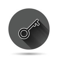 Key icon in flat style. Password vector illustration on black round background with long shadow effect. Access circle button business concept.