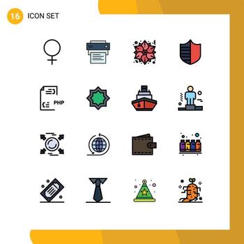 Editable Vector Line Pack of 16 Simple Flat Color Filled Lines of development coding flower shield safety Editable Creative Vector Design Elements