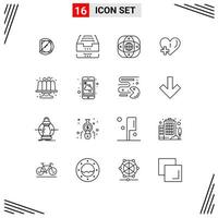 Set of 16 Modern UI Icons Symbols Signs for plus love file heart global Editable Vector Design Elements