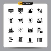 Group of 16 Solid Glyphs Signs and Symbols for travel map enhance location reading Editable Vector Design Elements