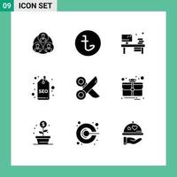 Group of 9 Modern Solid Glyphs Set for cutting tag table seo tag badge Editable Vector Design Elements