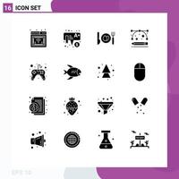 Modern Set of 16 Solid Glyphs Pictograph of game control dinner drawing tools designing tools Editable Vector Design Elements