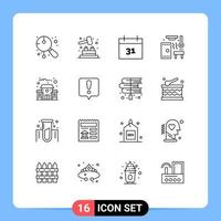 Group of 16 Outlines Signs and Symbols for school building calendar spa relax Editable Vector Design Elements