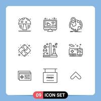 Pack of 9 Modern Outlines Signs and Symbols for Web Print Media such as science chemistry globe teamwork puzzle Editable Vector Design Elements