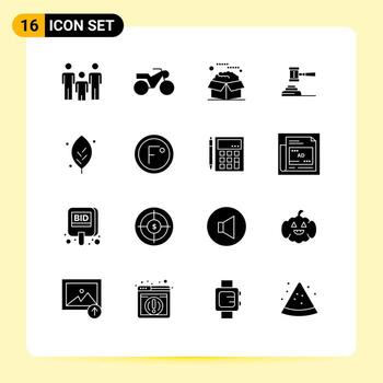 Mobile Interface Solid Glyph Set of 16 Pictograms of judge gavel product court action Editable Vector Design Elements