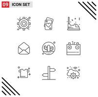 Pack of 9 creative Outlines of nature cactus car open mail Editable Vector Design Elements