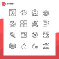 Set of 16 Modern UI Icons Symbols Signs for robotic human design safety helmet Editable Vector Design Elements