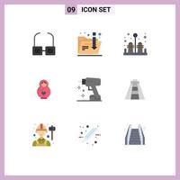 Pictogram Set of 9 Simple Flat Colors of chichen itza instrument kitchen drill heart Editable Vector Design Elements