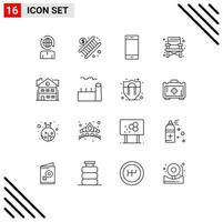 User Interface Pack of 16 Basic Outlines of apartment travel call camping smart phone Editable Vector Design Elements