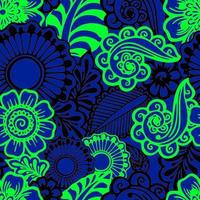 seamless floral graphic pattern of black and green elements on a blue background, texture, design photo