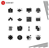 Set of 16 Vector Solid Glyphs on Grid for oil fire monitor cakes baking Editable Vector Design Elements