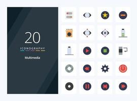 20 icono de color plano multimedia para presentación vector