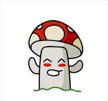 Mushroom character. Funny children drawing with red cap. Cute outline cartoon vector