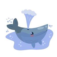 Cute funny whale with water fountain in sea or ocean. Marine animal. Children drawing in Scandinavian style. Funny blue sperm whale vector