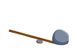 Lever of stick with stone. Lifting heavy cobblestone. Moving the boulder. Balancing and leverage. Flat cartoon vector