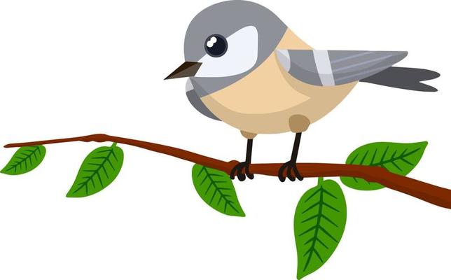 Forest grey bird sitting on a tree branch. Cute Animal with wings and green leaves. Illustration for greeting cards. Cartoon flat illustration