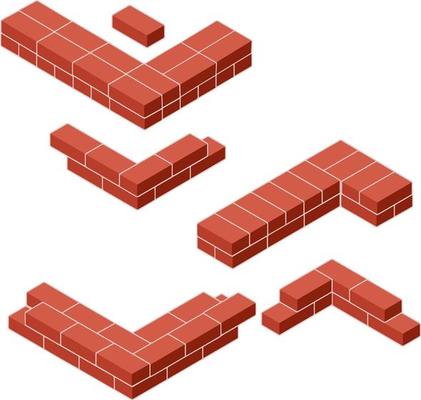 Red brick wall of house. Element of building construction. Corner of Stone object. Isometric illustration. Symbol of protection and security