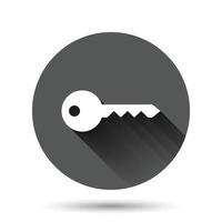 Key icon in flat style. Password vector illustration on black round background with long shadow effect. Access circle button business concept.