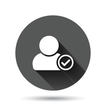 Login icon in flat style. People secure access vector illustration on black round background with long shadow effect. Password approved circle button business concept.