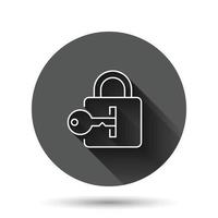 Locker icon in flat style. Padlock password vector illustration on black round background with long shadow effect. Key unlock circle button business concept.