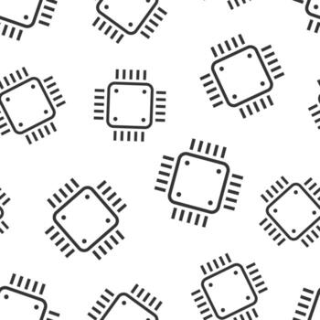 Computer cpu icon in flat style. Circuit board vector illustration on white isolated background. Motherboard chip seamless pattern business concept.