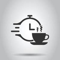 Coffee break icon in flat style. Clock with tea cup vector illustration on white isolated background. Breakfast time business concept.