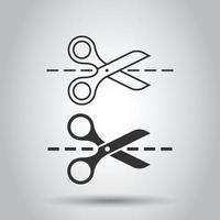 Scissor with cutting line icon in flat style. Cut equipment vector illustration on white isolated background. Cutter business concept.