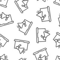 Laptop with megaphone speaker icon in flat style. Notebook bullhorn vector illustration on white isolated background. Computer subscribe seamless pattern business concept.