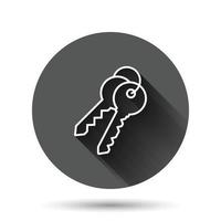 Key icon in flat style. Password vector illustration on black round background with long shadow effect. Access circle button business concept.