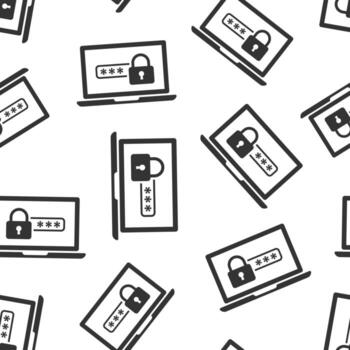 Laptop with password icon in flat style. Computer access vector illustration on white isolated background. Padlock entry seamless pattern business concept.