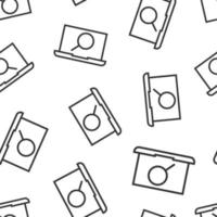 Computer search icon in flat style. Laptop with magnifying glass vector illustration on white isolated background. Device display seamless pattern business concept.