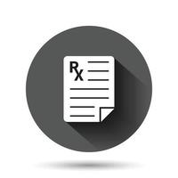 Prescription icon in flat style. Rx document vector illustration on black round background with long shadow effect. Paper circle button business concept.