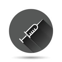 Syringe icon in flat style. Inject needle vector illustration on black round background with long shadow effect. Drug dose circle button business concept.