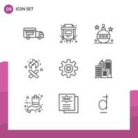 Mobile Interface Outline Set of 9 Pictograms of building setting globe gear fire place Editable Vector Design Elements