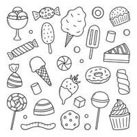 conjunto de garabatos de dulces y caramelos. postres en estilo boceto. ilustración vectorial dibujada a mano aislada sobre fondo blanco vector