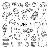 conjunto de garabatos de dulces y caramelos. postres en estilo boceto. ilustración vectorial dibujada a mano aislada sobre fondo blanco vector