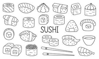 Sushi and rolls doodle set. Japanese food in sketch style. Hand drawn vector illustration isolated on white background