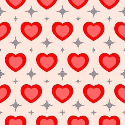 Groovy hearts shape seamless pattern. Retro square banner with red harts and gray stars on a beige background