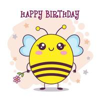 tarjeta de felicitación de feliz cumpleaños. lindo personaje de abeja kawaii de dibujos animados sosteniendo una flor sobre un fondo beige. tarjeta dibujada a mano para deseos de cumpleaños, aniversario, feliz día de san valentín. vector