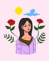 Hermosa chica con el diseño de ilustración de vector de flor rosa