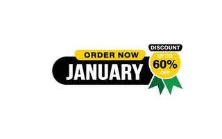 Oferta de descuento del 60 por ciento de enero, liquidación, diseño de banner de promoción con estilo de etiqueta. vector