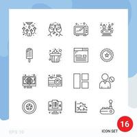 Pack of 16 Modern Outlines Signs and Symbols for Web Print Media such as cake dessert kitchen cream networking Editable Vector Design Elements