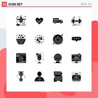 Mobile Interface Solid Glyph Set of 16 Pictograms of geography health pulse weight dumbbell Editable Vector Design Elements