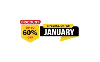 60 Percent JANUARY discount offer, clearance, promotion banner layout with sticker style. vector