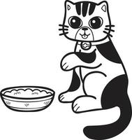 Hand Drawn striped cat eating food illustration in doodle style vector