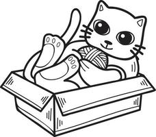 Hand Drawn cat playing with yarn in a box illustration in doodle style vector