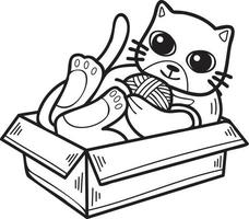 Hand Drawn cat playing with yarn in a box illustration in doodle style vector