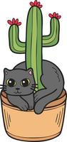 Hand Drawn cat and cactus illustration in doodle style vector