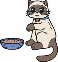 gato dibujado a mano comiendo ilustración de comida en estilo garabato vector